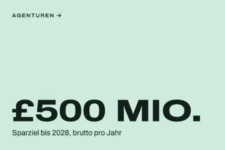 Textgrafik: £500 Mio., Sparziel bis 2028, brutto pro Jahr – Köpfe